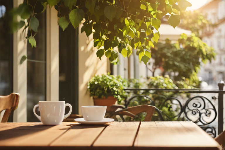 Sonnige Terrasse des Café Gartenblick mit Holztischen, Kaffee und Frühstücksbrettchen zwischen grünen Pflanzen
