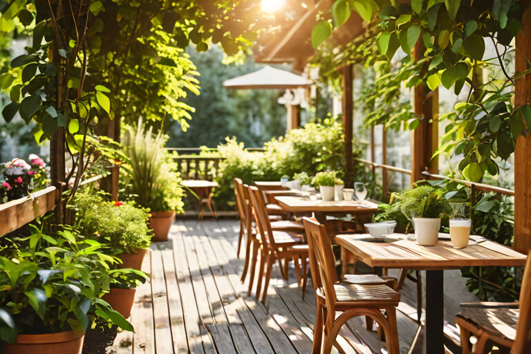 Sonnige Café-Terrasse mit Holztischen im Grünen